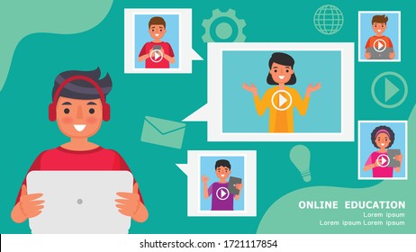 Student video calling online education type educational instruction that is delivered via the internet to students using their home computer Cartoon character Vector illustration.