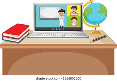 Pantalla de videochat de estudiantes en línea en el portátil sobre ilustración de fondo blanco