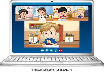 Student video chat online screen on laptop on white background illustration