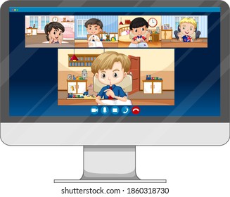 Pantalla de videochat de estudiantes en línea en pantalla de computadora sobre ilustración de fondo blanco