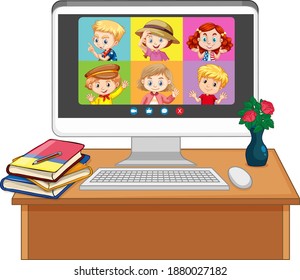 Student video chat online screen on computer screen on white background illustration