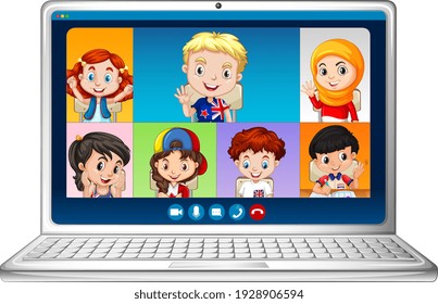 Student video chat online screen on laptop on white background illustration