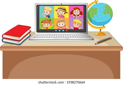 Student video chat online screen on laptop on white background illustration