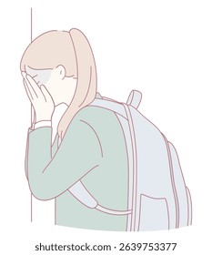 A student is visibly expressing deep emotions, hiding their face while leaning against a wall, which shows stress