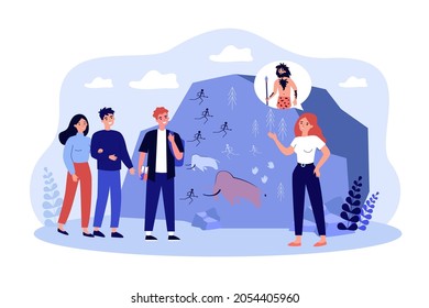 Student visiting history museum excursion with guide. People having group tour at anthropology museum with teacher. Education, science concept. Flat cartoon vector illustration.