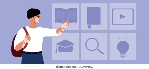 Estudiante con vitiligo y holograma, moderna ilustración vectorial plana como concepto de educación y tecnologías digitales