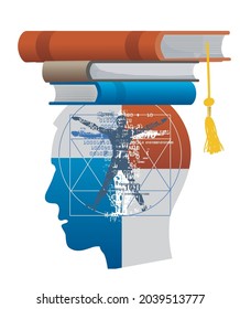 Student with vitruvian man inside head. Stylized male head silhouette books on the head symbolizing mortarboard. Vector available.