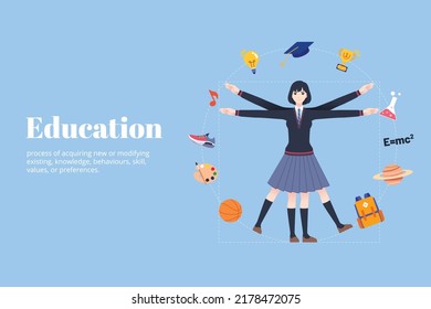 Estudiante en la provincia de Vitruvian con sujetos educativos