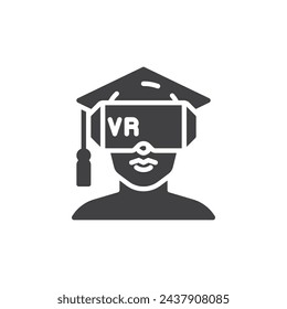 Student in VR headset and academic hat vector icon. filled flat sign for mobile concept and web design. Virtual Training glyph icon. Symbol, logo illustration. Vector graphics
