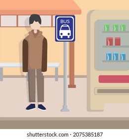 Estudiante esperando un autobús en la parada del autobús. Estudiante joven parado en la parada del autobús. Hombre parado en la señal del camino. Ilustración de diseño plana vectorial. Diseño cuadrado.