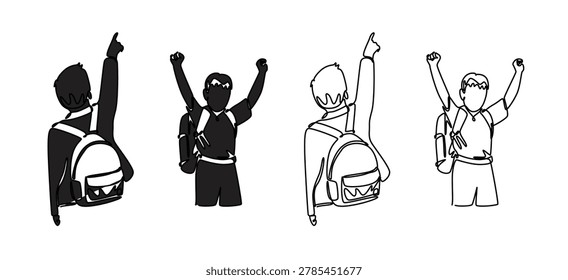  Student Walking with bags and Backpack, Drawing, Back to School Concept. Silhouettes of children going to school with a white background, vector illustration.