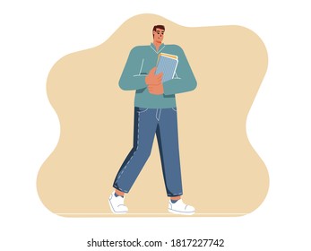 Student walking holding a book at his chest. Casual dressed male character. Vector.