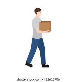 A student walking, holding a cartoon box/ paper box.