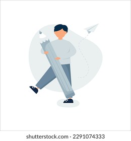 Student walking with a large pencil. Young man holding huge pencil with flying paper plane. Cartoon vector illustration of character walking process