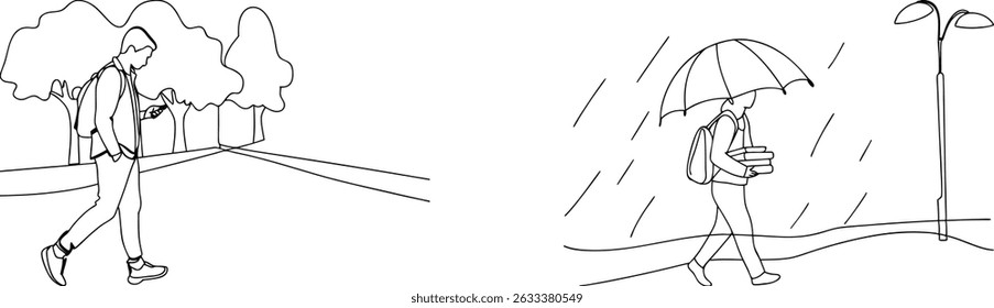 Student walking on a path and under rain depicted in simple black and white line art