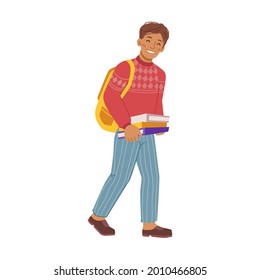 Student walking to school lesson with books and notebooks in hands and satchel on shoulders. Isolated preteen boy personage going to classes to study and learn. Flat cartoon character vector