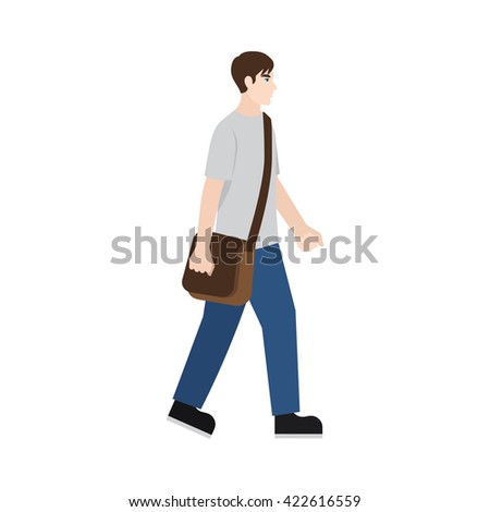 A student walking, with a sling bag.