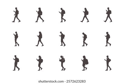 Student walking and using a phone vectors, Student walking with smartphone silhouette, Student walking smartphone set