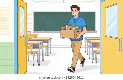 Student walks into a school classroom holding a cardboard box filled with books during a back to school session