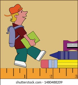 a student walks up steps of school supplies.
