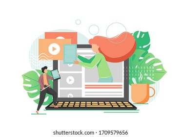 Student watching lecture online with teacher on laptop screen, vector flat style design illustration. Webinar, web seminar or workshop, distance learning, education, online video course.