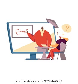 Student watching lecture or webinar on computer. Teacher giving video lesson. Vector illustration for distance education, internet course concept