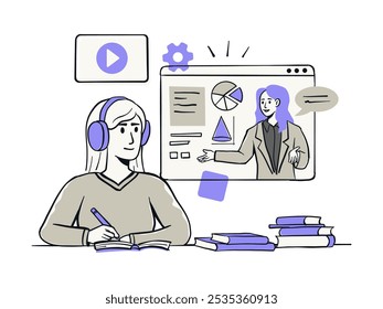 A student watching an online tutorial or lecture, wearing headphones and taking notes, with books stacked nearby