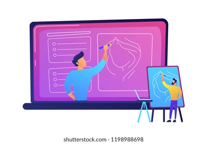 Student watching online tutorial on a big laptop vector illustration. Online education and lecture, webinar and courses for students, professional development concept. Isolated on white background.