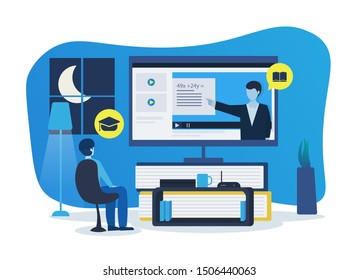 Student watching online video course. Online education, e-learning, online courses concept. Illustration for website, landing page and business presentation