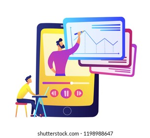 Student watching recorded lesson on huge smartphone with teacher drawing chart vector illustration. Podcast courses, tutorial and e-learning, class recording concept. Isolated on white background.