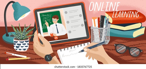 Student watching school lectures online and making notes. Distance education and online learning concept vector illustration. Study school course at home. Video call with teacher or private tutor