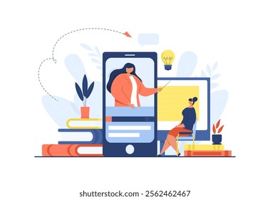 The student is watching a video of her teacher online. Distance education technologies.
