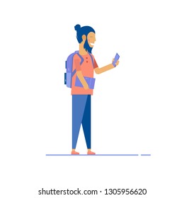 Student watching video tutorial, course on phone. Online education technology and digital library concept. Can use for landing page template, design for web banner, infographics. Flat vector.
