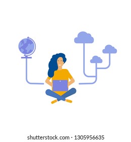 Student watching video tutorial, course on laptop. Online education technology and digital library concept. Can use for landing page template, design for web banner, infographics. Flat vector.