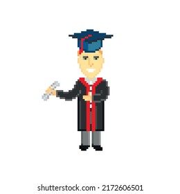 Student wearing academic dress and graduation cap isolated on white background. Pixel art design. 8 bit logo for game. Character vector illustration. eps 10