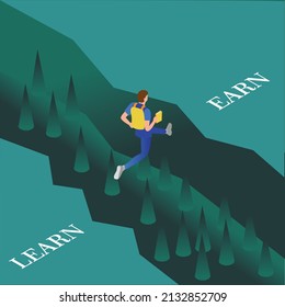 Estudiante usando mochila y sosteniendo un libro mientras salta sobre un acantilado concepto isométrico de vector 3d para banner, sitio web, ilustración, página de inicio, volante, etc.