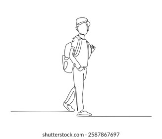 Student wearing backpack one line drawing illustration. Young boy with schoolbag monoline design.  