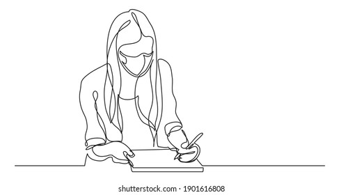 student wearing face mask girl writing - continuous line drawing