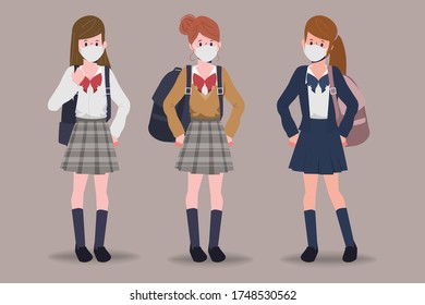 Student wearing a face mask in quarantine back to school character design.