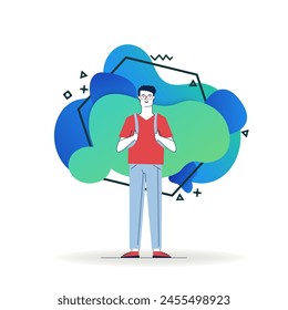 Student wearing glasses and backpack. Full body of cartoon guy in casual flat vector illustration. Smart young man, male character concept for banner, website design or landing web page