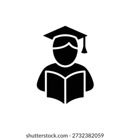 Estudante usando boné de formatura e design de símbolo de livro de leitura
