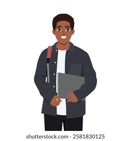 Student wearing jacket and carrying a laptop and backpack, smiling confidently. Flat Vector character illustration