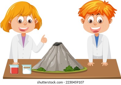 Estudiante usando un experimento de laboratorio, experimento de volcán, ilustración de la erupción