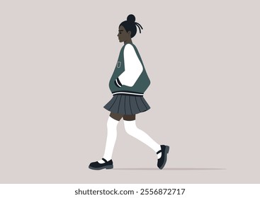 A student wearing a pleated skirt and a stylish bomber jacket strolls purposefully, embodying a sense of confidence and youthful charm in a vibrant urban setting