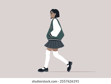 A student wearing a pleated skirt and a stylish bomber jacket strolls purposefully, embodying a sense of confidence and youthful charm in a vibrant urban setting