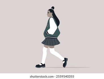 A student wearing a pleated skirt and a stylish bomber jacket strolls purposefully, embodying a sense of confidence and youthful charm in a vibrant urban setting