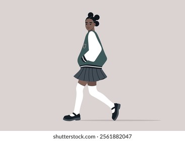 A student wearing a pleated skirt and a stylish bomber jacket strolls purposefully, embodying a sense of confidence and youthful charm in a vibrant urban setting