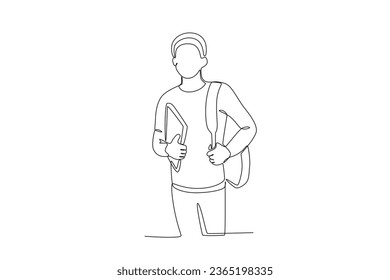 Un estudiante usa una mochila y lleva un libro. Dibujo de una línea de día de los estudiantes internacionales