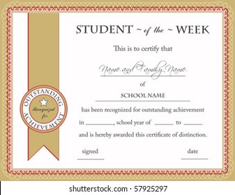 Student Of The Week Certificate; Vector