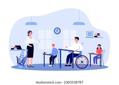 Student in wheelchair on lesson at school vector illustration. Drawing of boy with physical disability in class at university or college. Education, disability, inclusion, accessibility concept